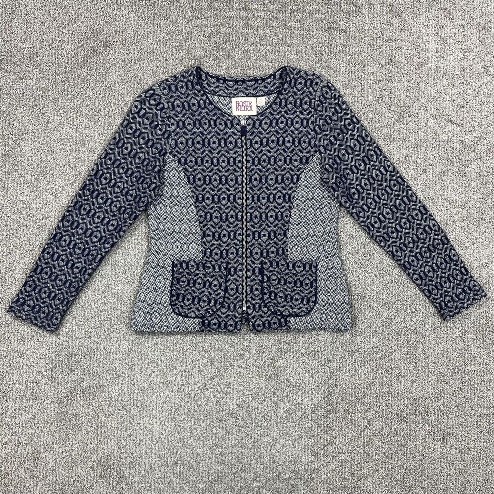 Anthropologie Rosie Neira Cardigan Womens Petite MP Blue Geometric Pockets